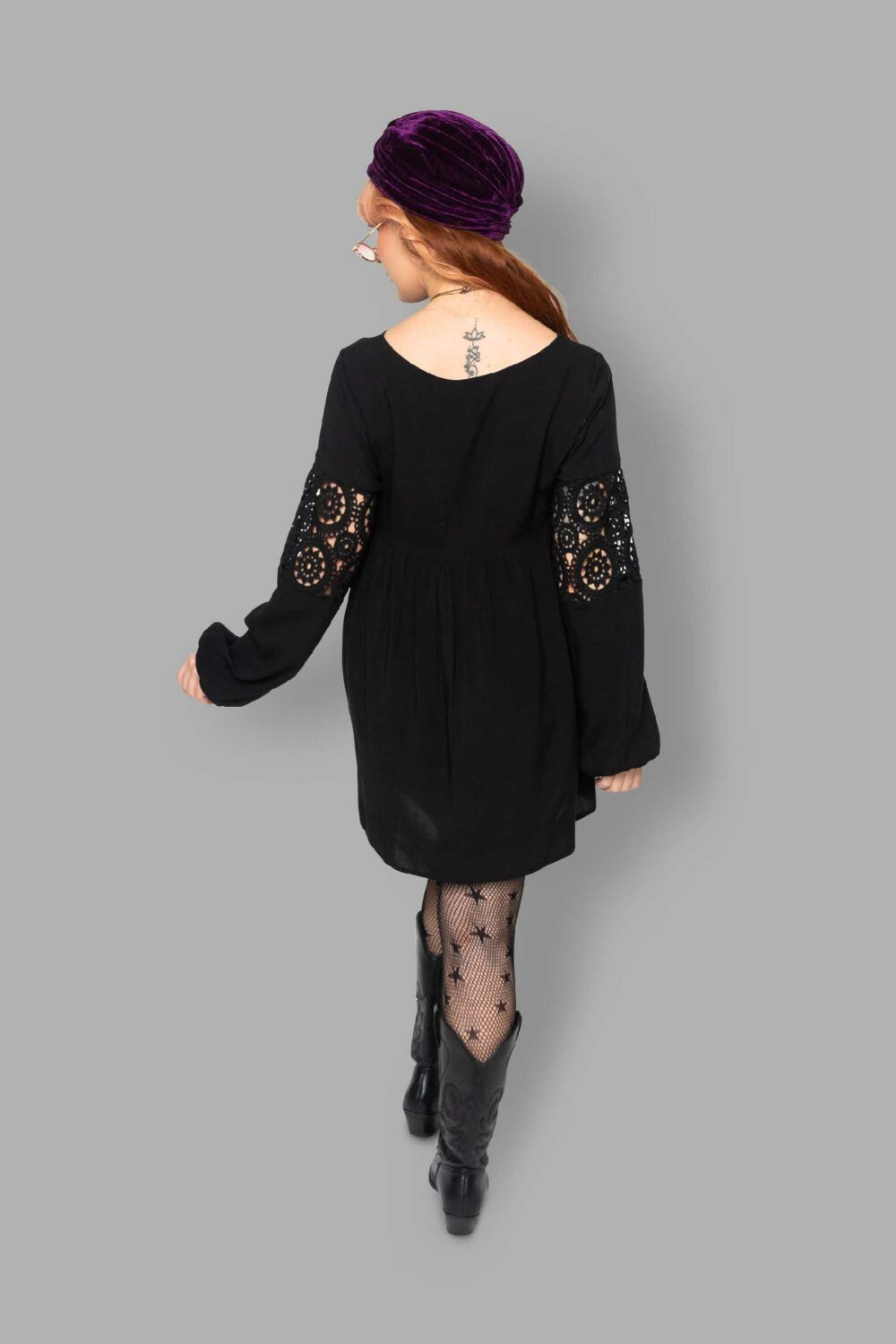 cosmic drifters black viscose lace insert mini dress back