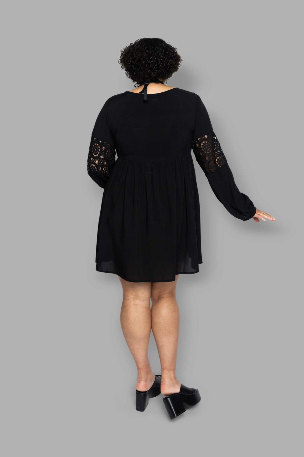 cosmic drifters black viscose lace insert mini dress back plus size