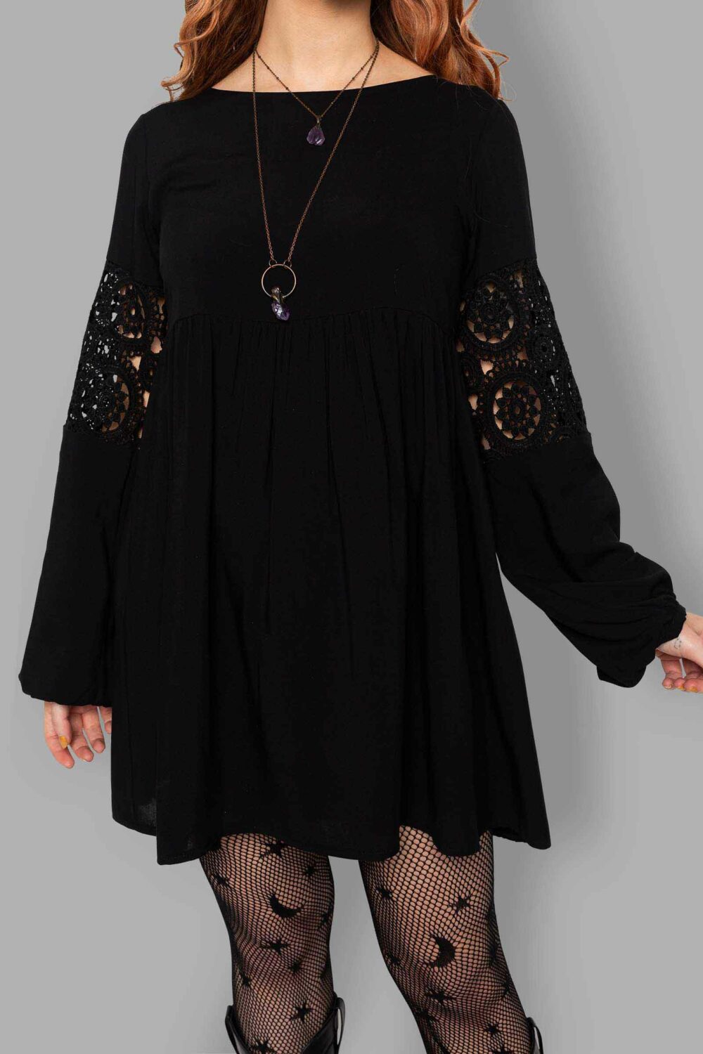 cosmic drifters black viscose lace insert mini dress close