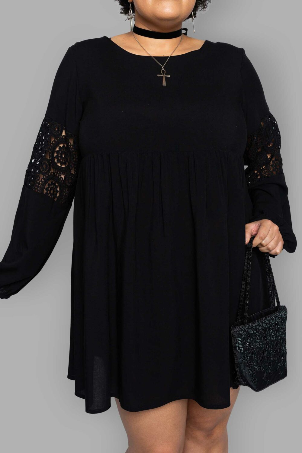 cosmic drifters black viscose lace insert mini dress close plus size