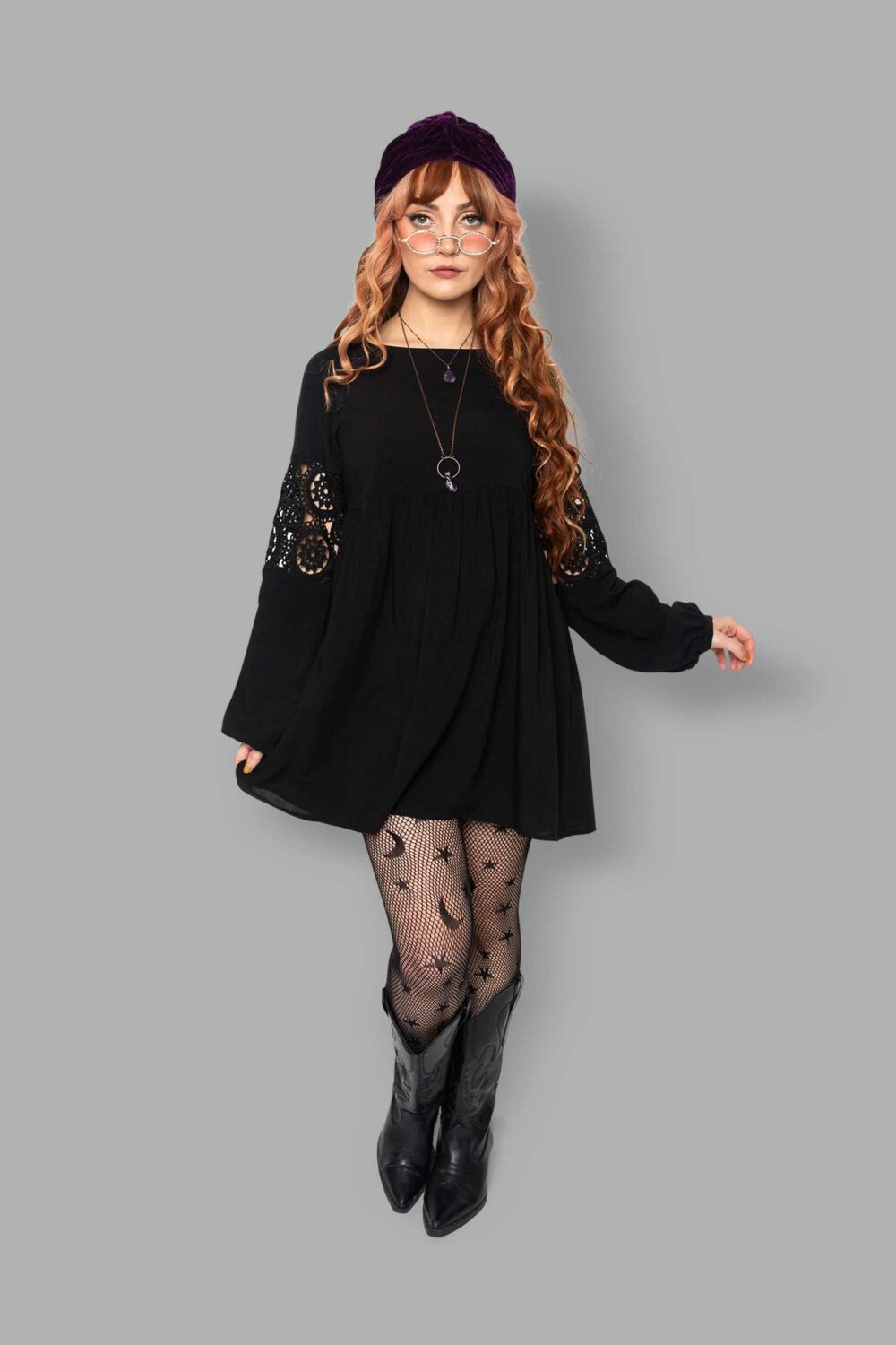 cosmic drifters black viscose lace insert mini dress front