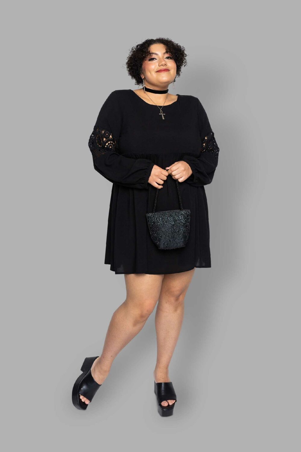 cosmic drifters black viscose lace insert mini dress front plus size