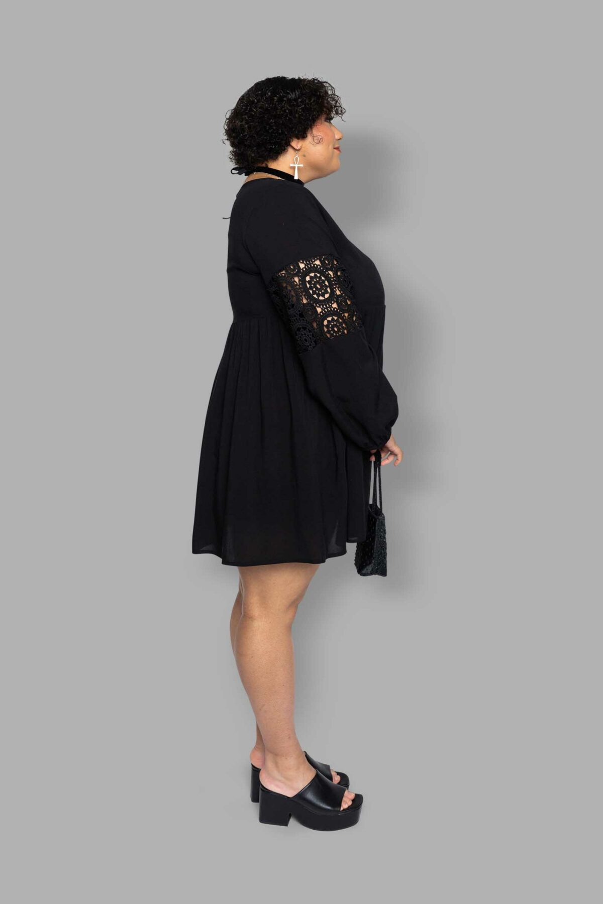 cosmic drifters black viscose lace insert mini dress side plus size