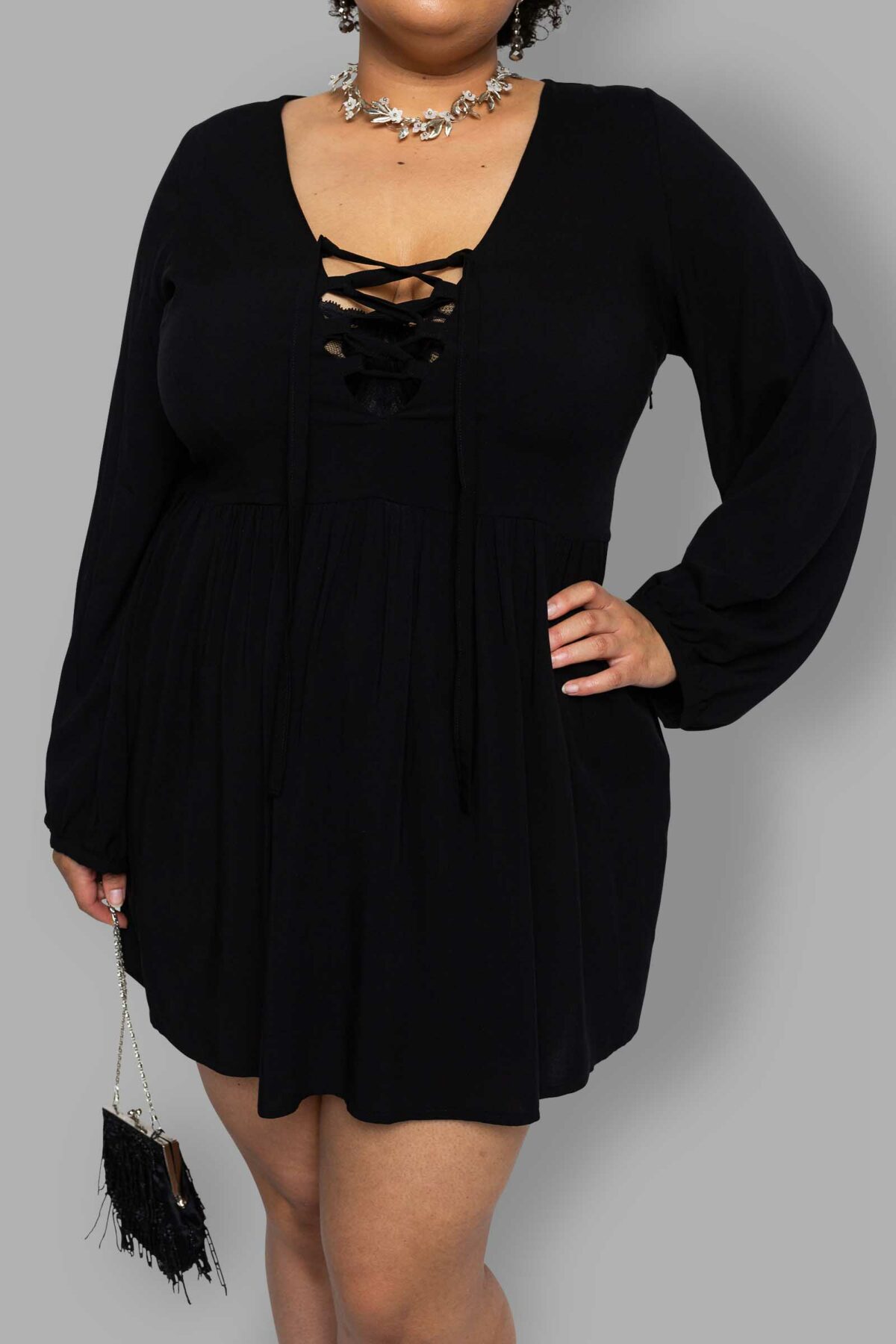 cosmic drifters black viscose lace up mini dress close plus size