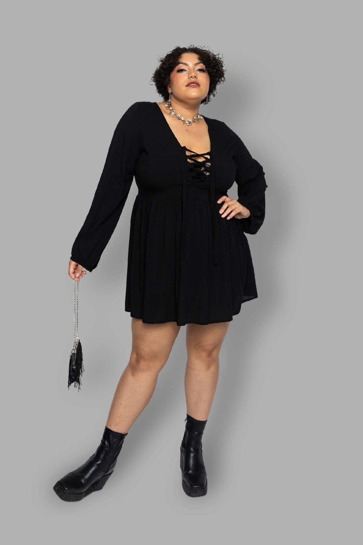 cosmic drifters black viscose lace up mini dress front plus size