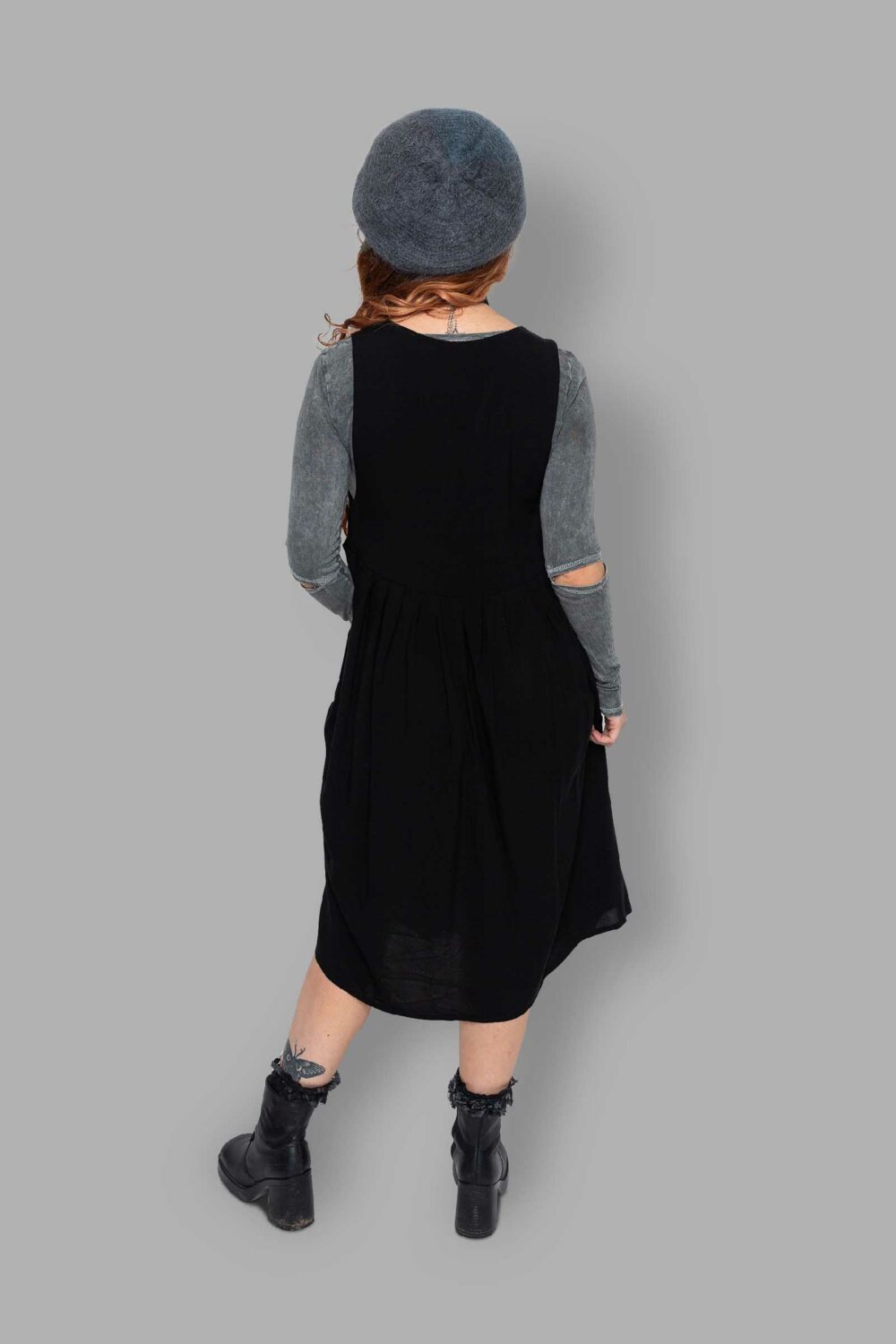 cosmic drifters black viscose midi pinafore dress back