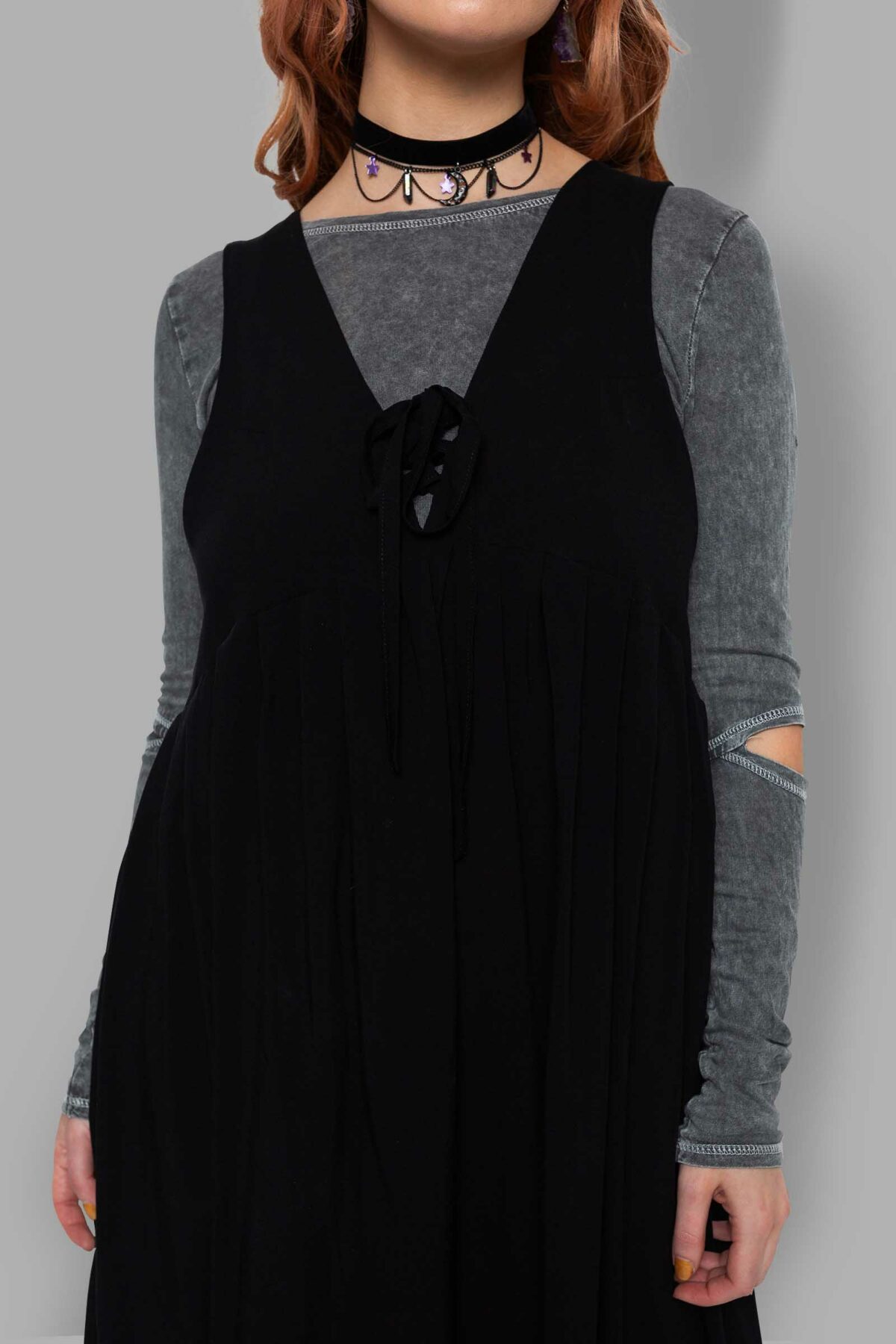 cosmic drifters black viscose midi pinafore dress close