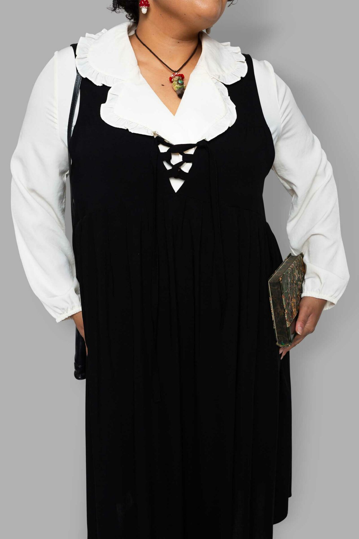 cosmic drifters black viscose midi pinafore dress close plus size