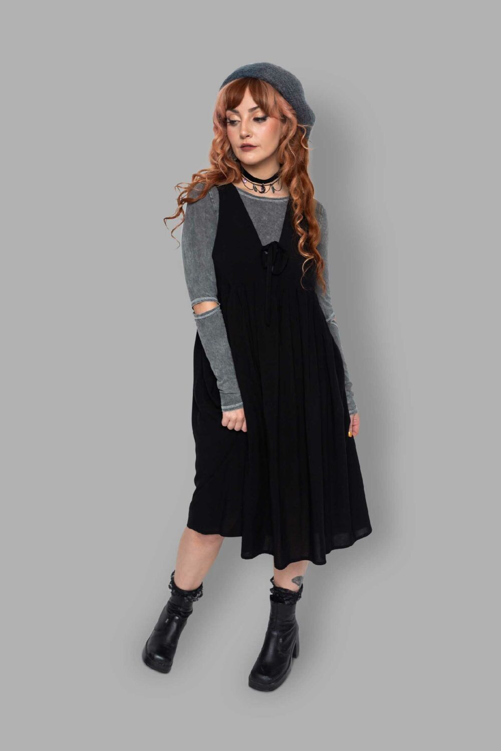 cosmic drifters black viscose midi pinafore dress front