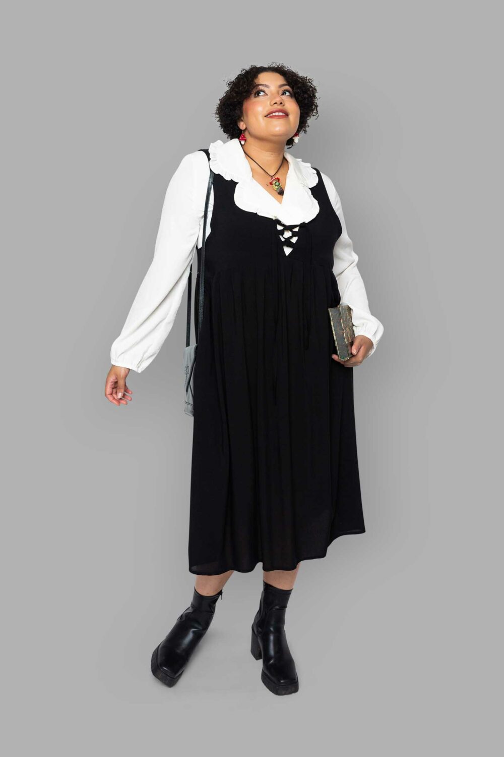 cosmic drifters black viscose midi pinafore dress front plus size