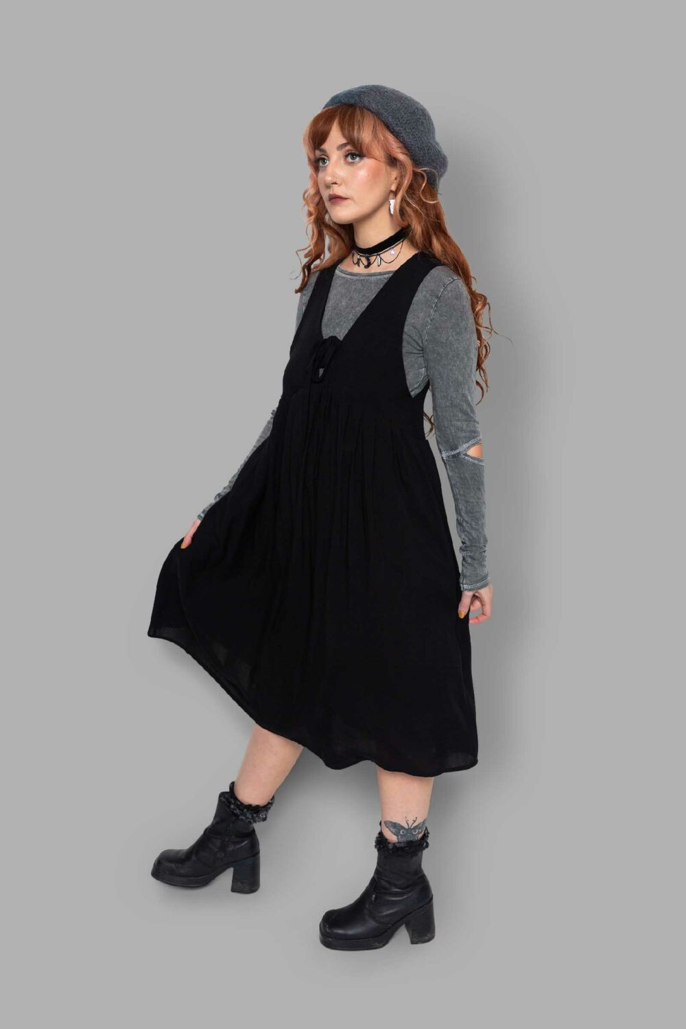 cosmic drifters black viscose midi pinafore dress side