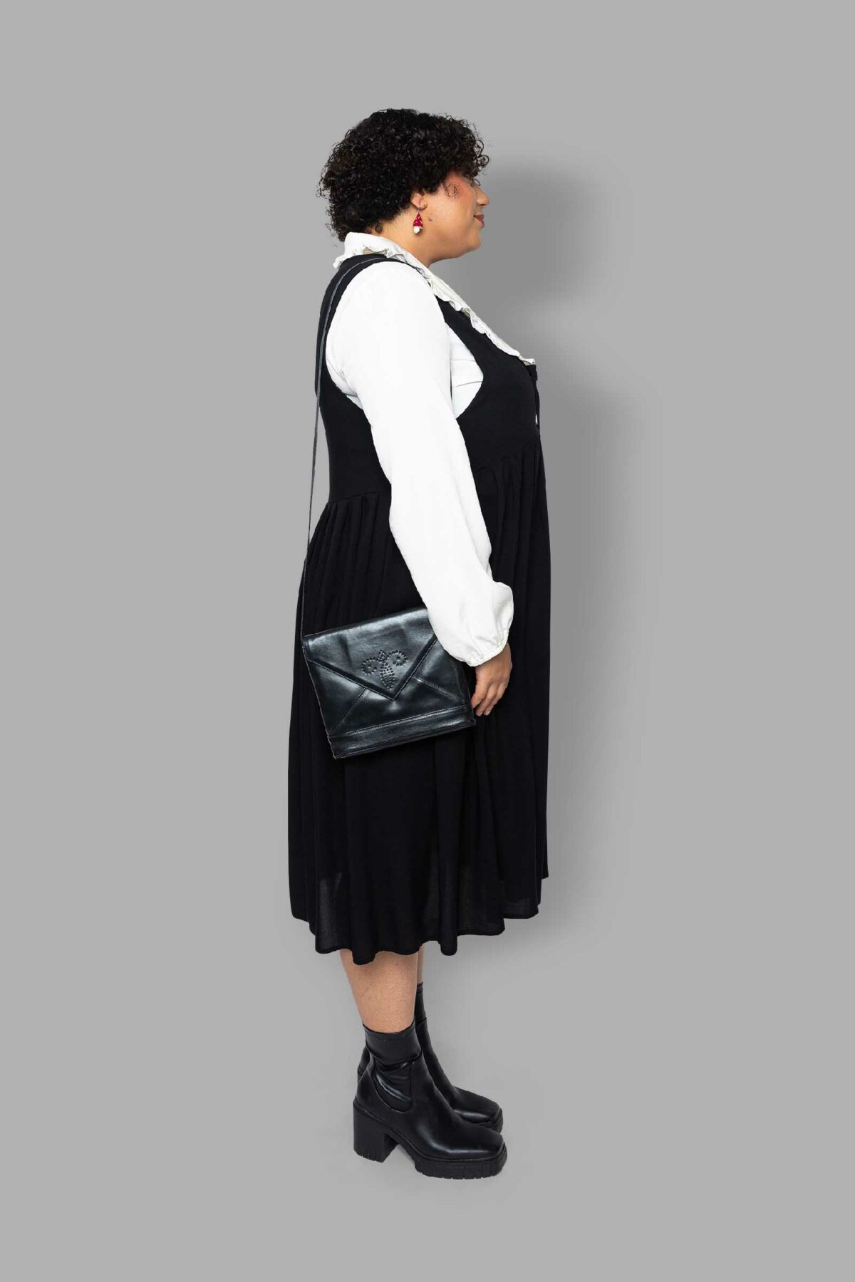 cosmic drifters black viscose midi pinafore dress side plus size