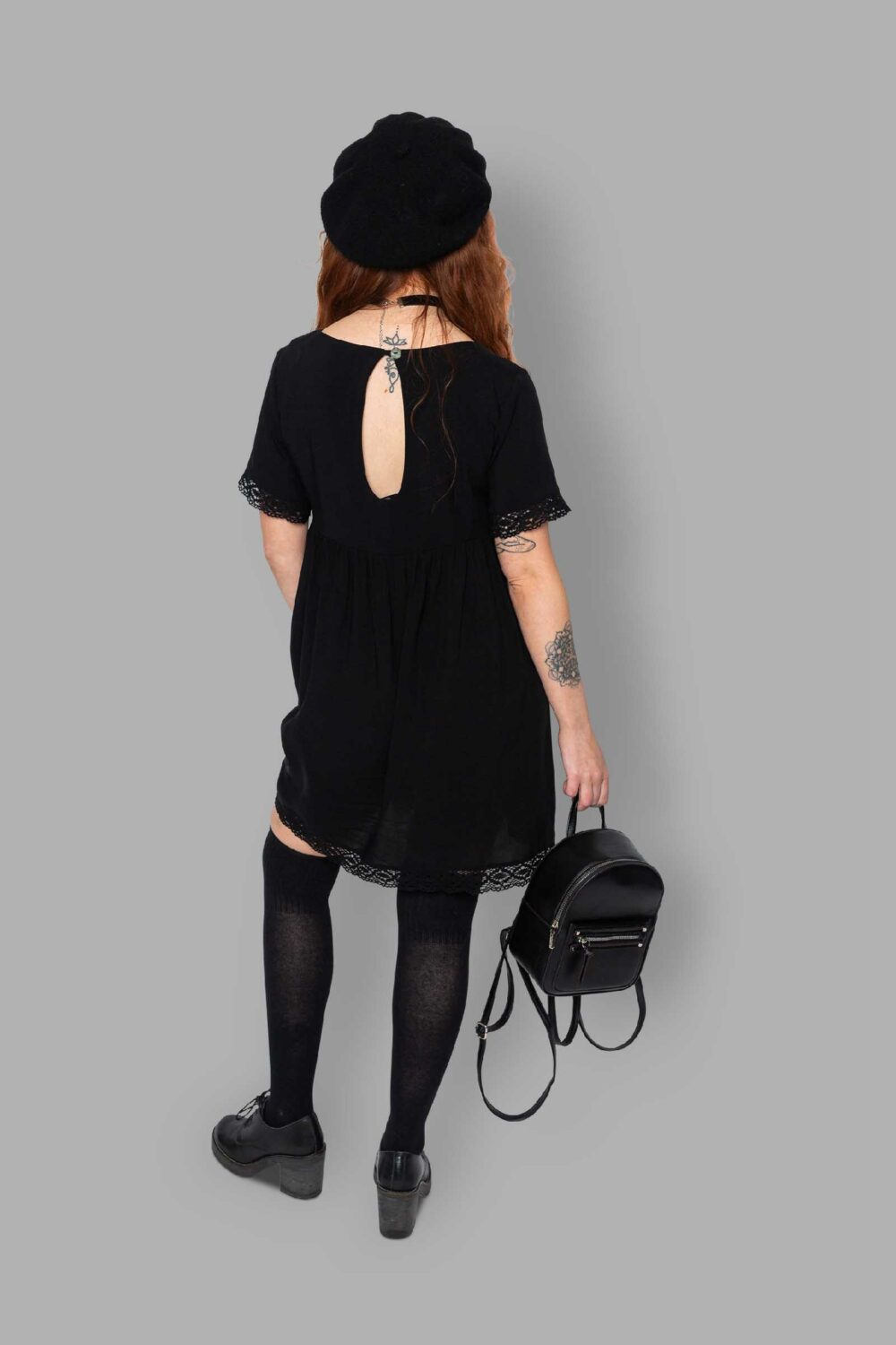 cosmic drifters black viscose short sleeved babydoll dress back