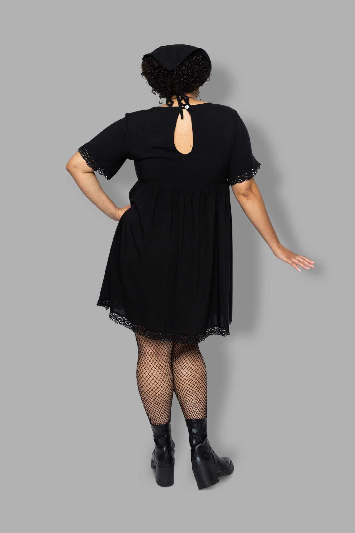 cosmic drifters black viscose short sleeved babydoll dress back plus size