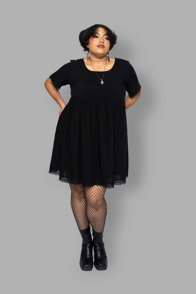 cosmic drifters black viscose short sleeved babydoll dress front plus size