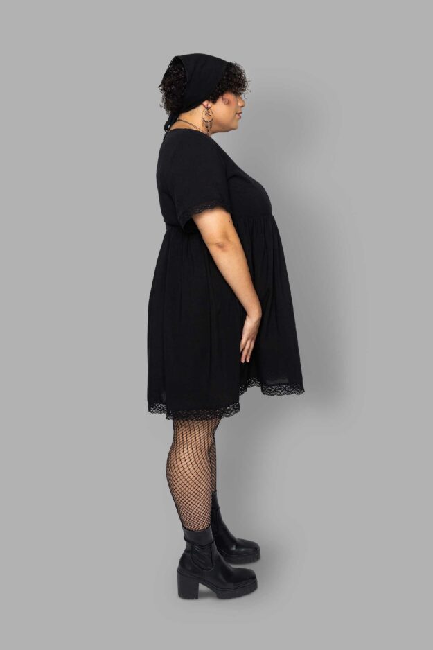 cosmic drifters black viscose short sleeved babydoll dress side plus size