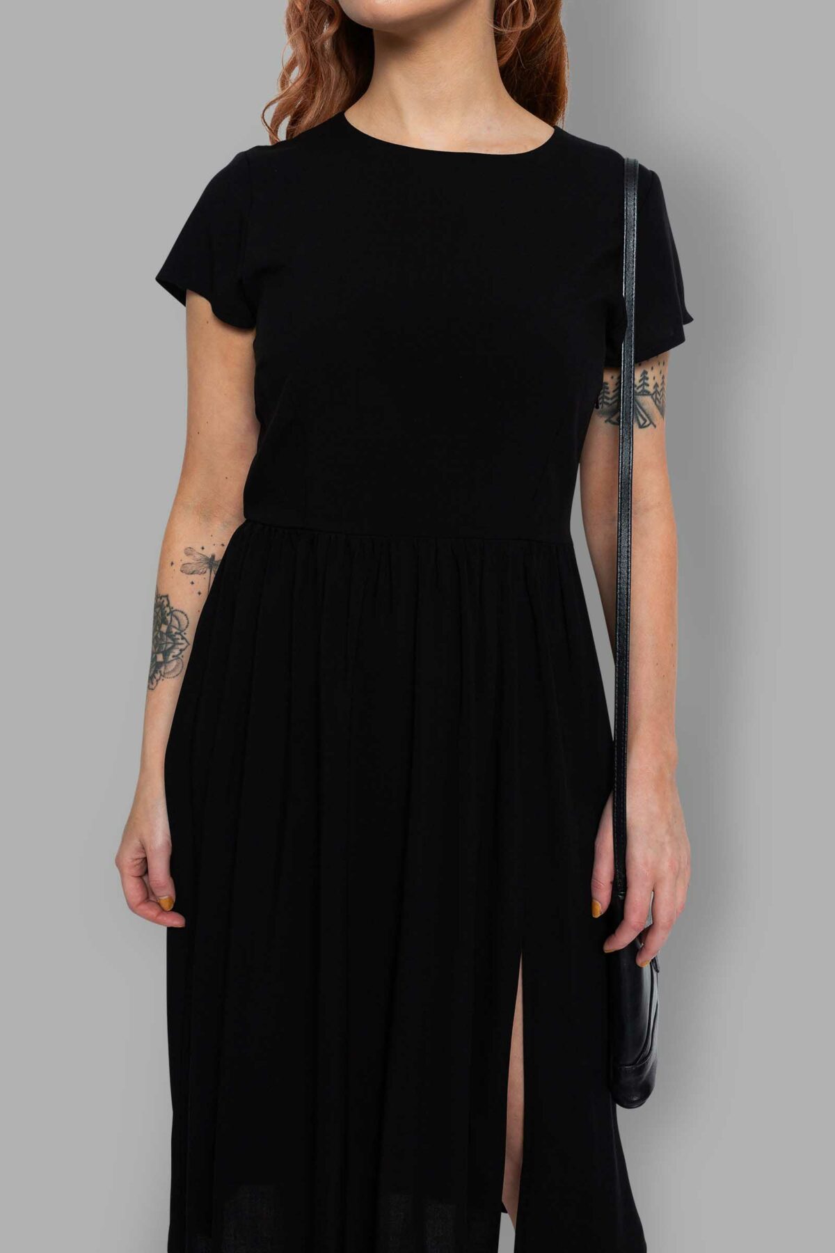 cosmic drifters black viscose slit thigh tea dress close