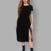 cosmic drifters black viscose slit thigh tea dress front