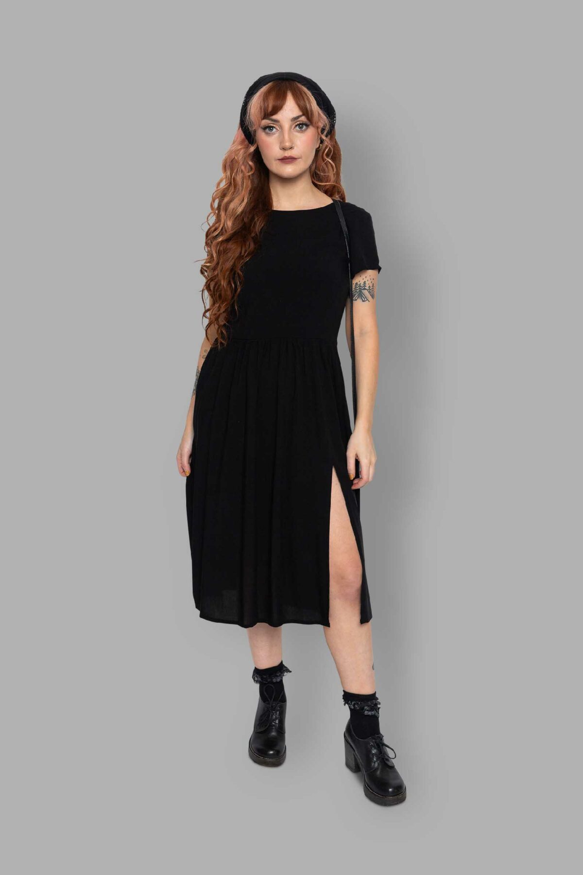 cosmic drifters black viscose slit thigh tea dress front