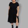 cosmic drifters black viscose slit thigh tea dress front plus size