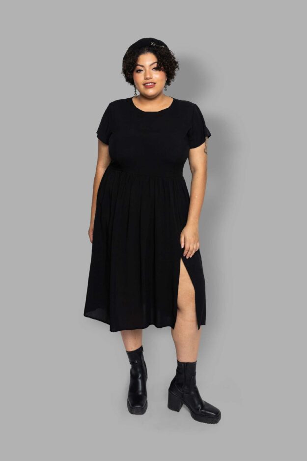 cosmic drifters black viscose slit thigh tea dress front plus size