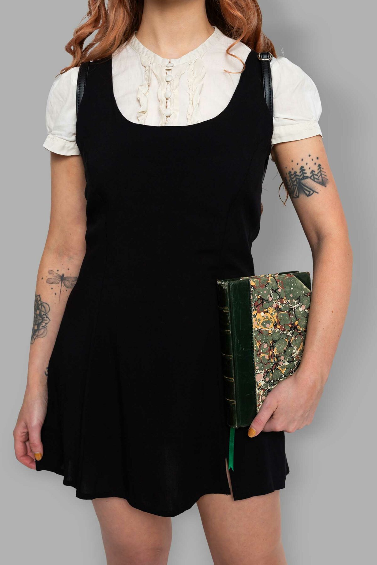 cosmic drifters black viscose thigh slit pinafore dress close