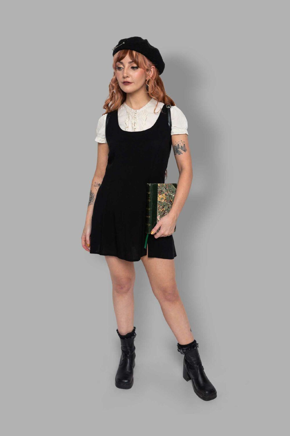 cosmic drifters black viscose thigh slit pinafore dress front