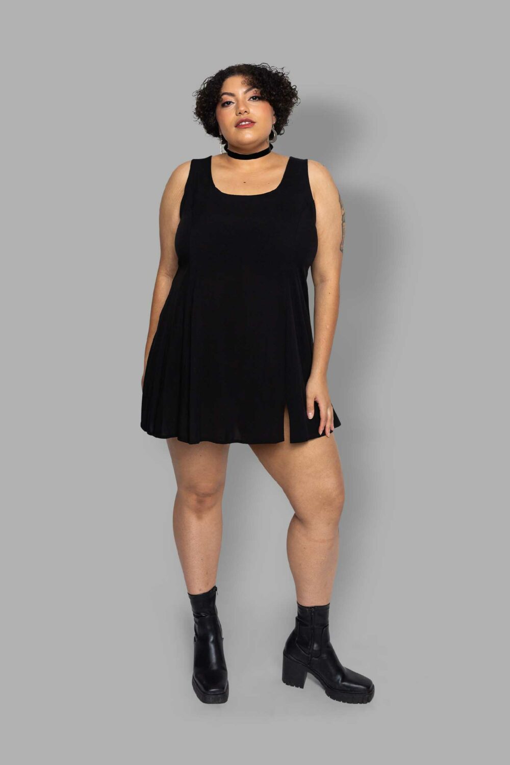 cosmic drifters black viscose thigh slit pinafore dress front plus size