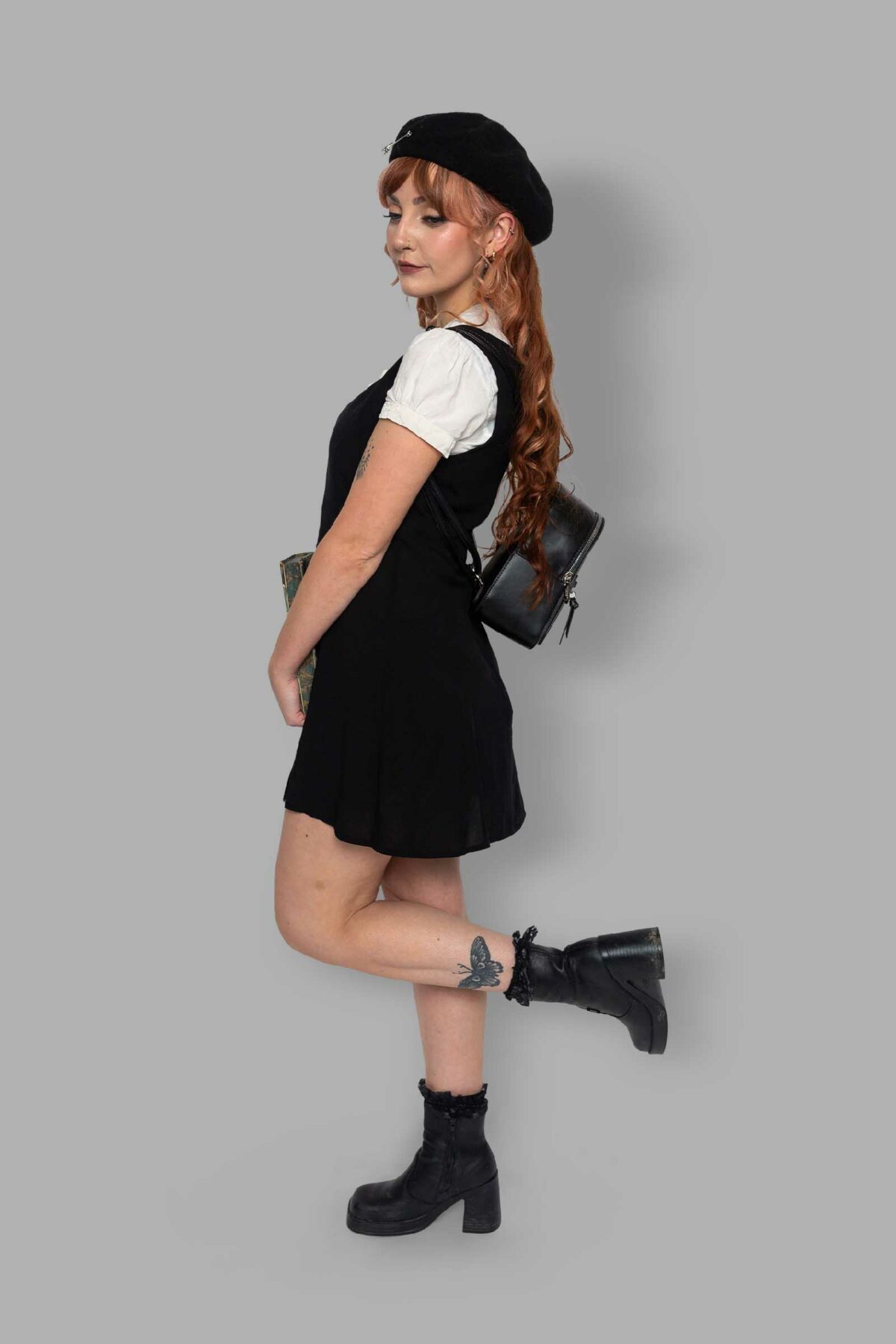 cosmic drifters black viscose thigh slit pinafore dress side