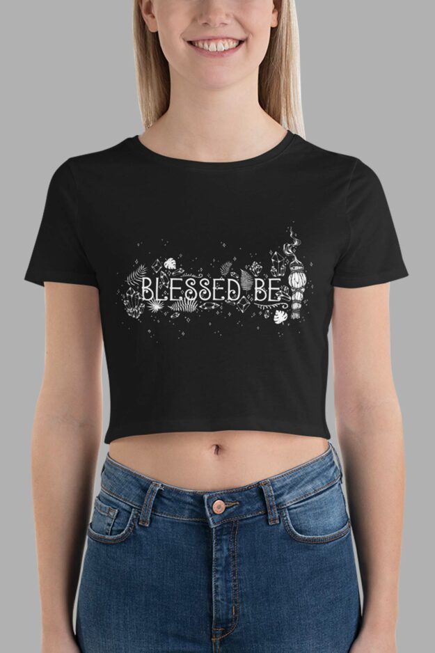 cosmic drifters blessed be print womens crop tee black front