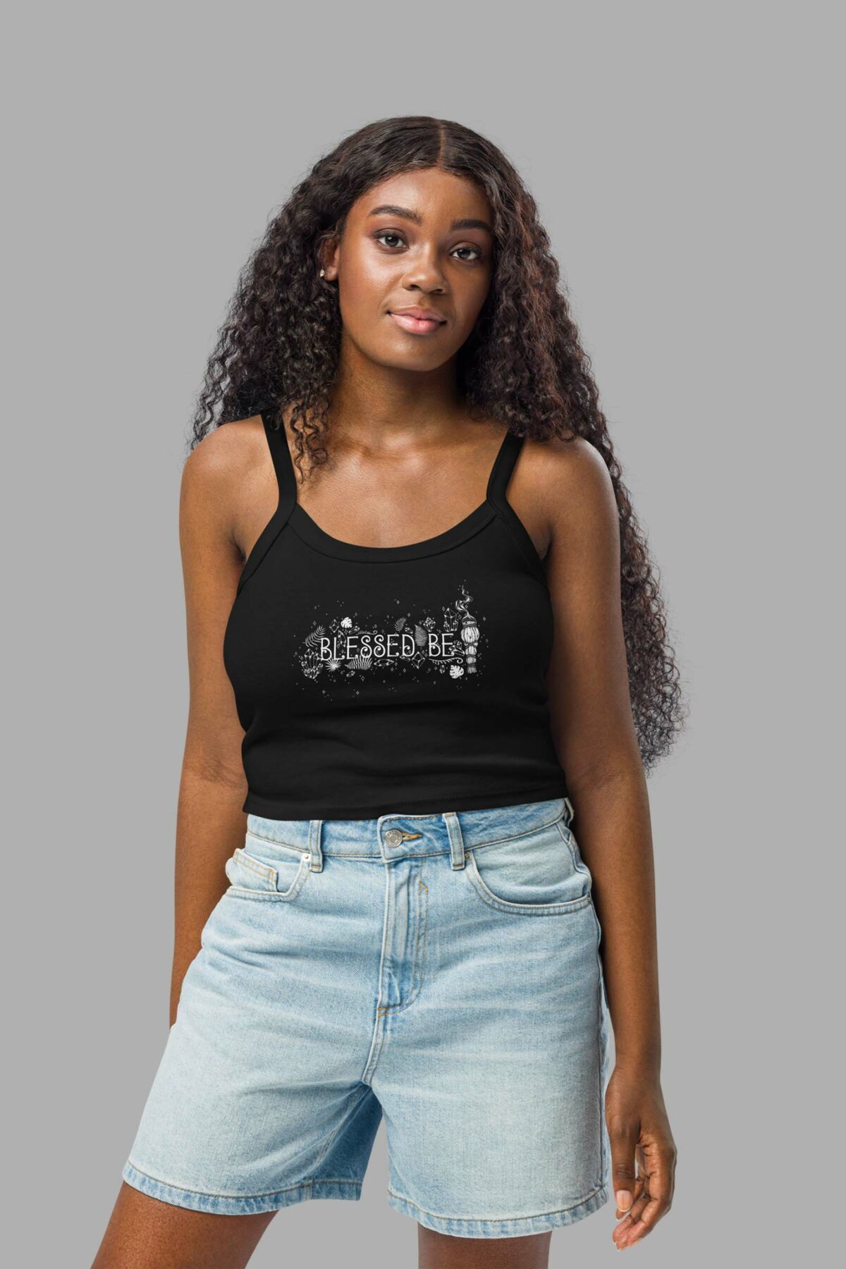 cosmic drifters blessed be print womens micro rib tank top solid black front