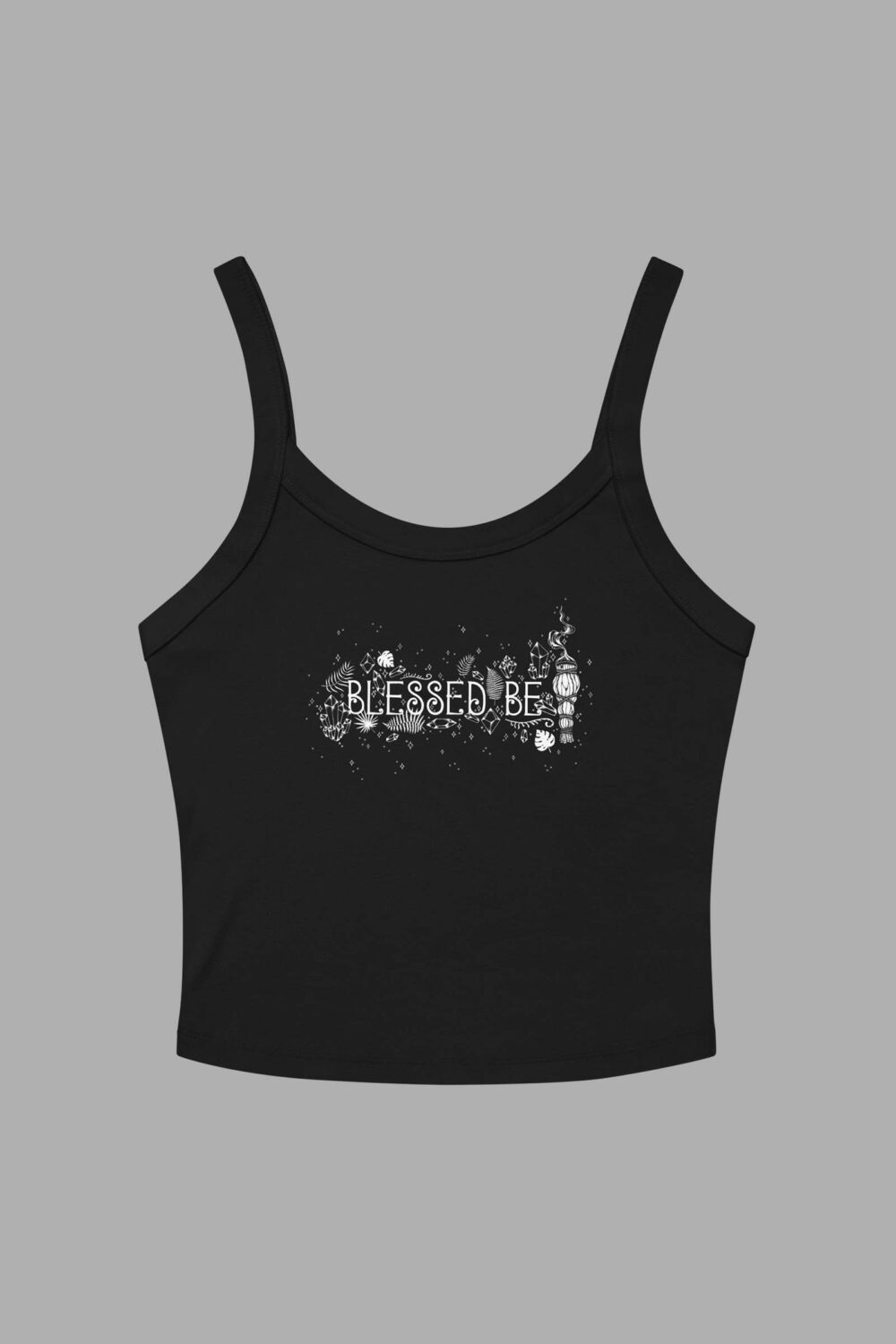 cosmic drifters blessed be print womens micro rib tank top solid black front 2