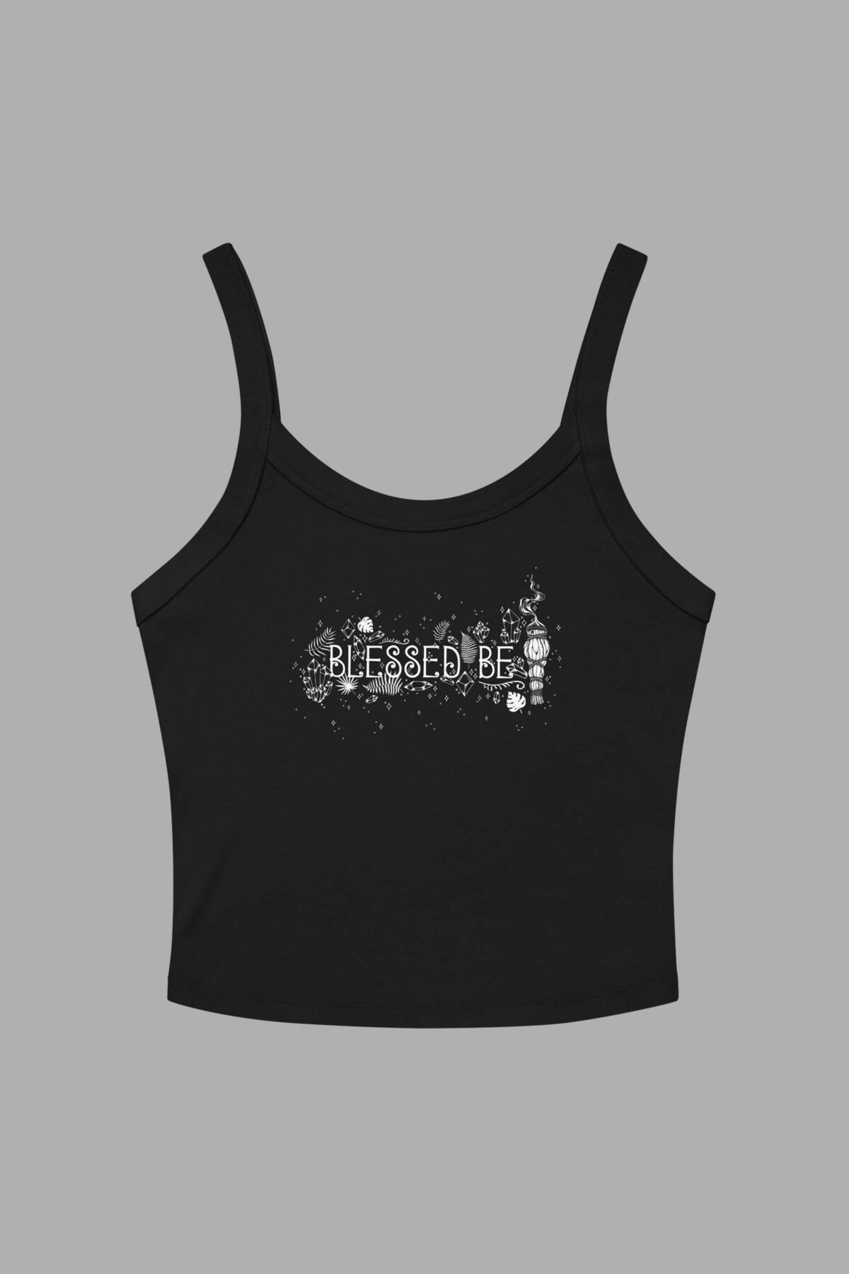 cosmic drifters blessed be print womens micro rib tank top solid black front 2