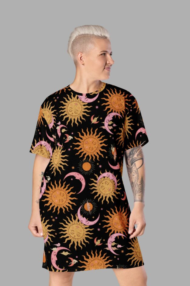 cosmic drifters celestial dreams print all over print t shirt dress front