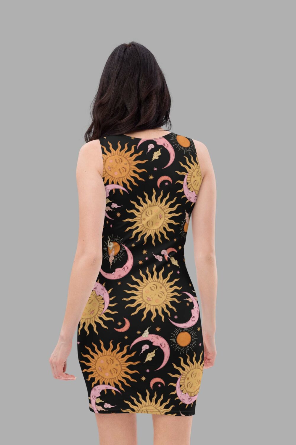 cosmic drifters celestial dreams print bodycon dress back