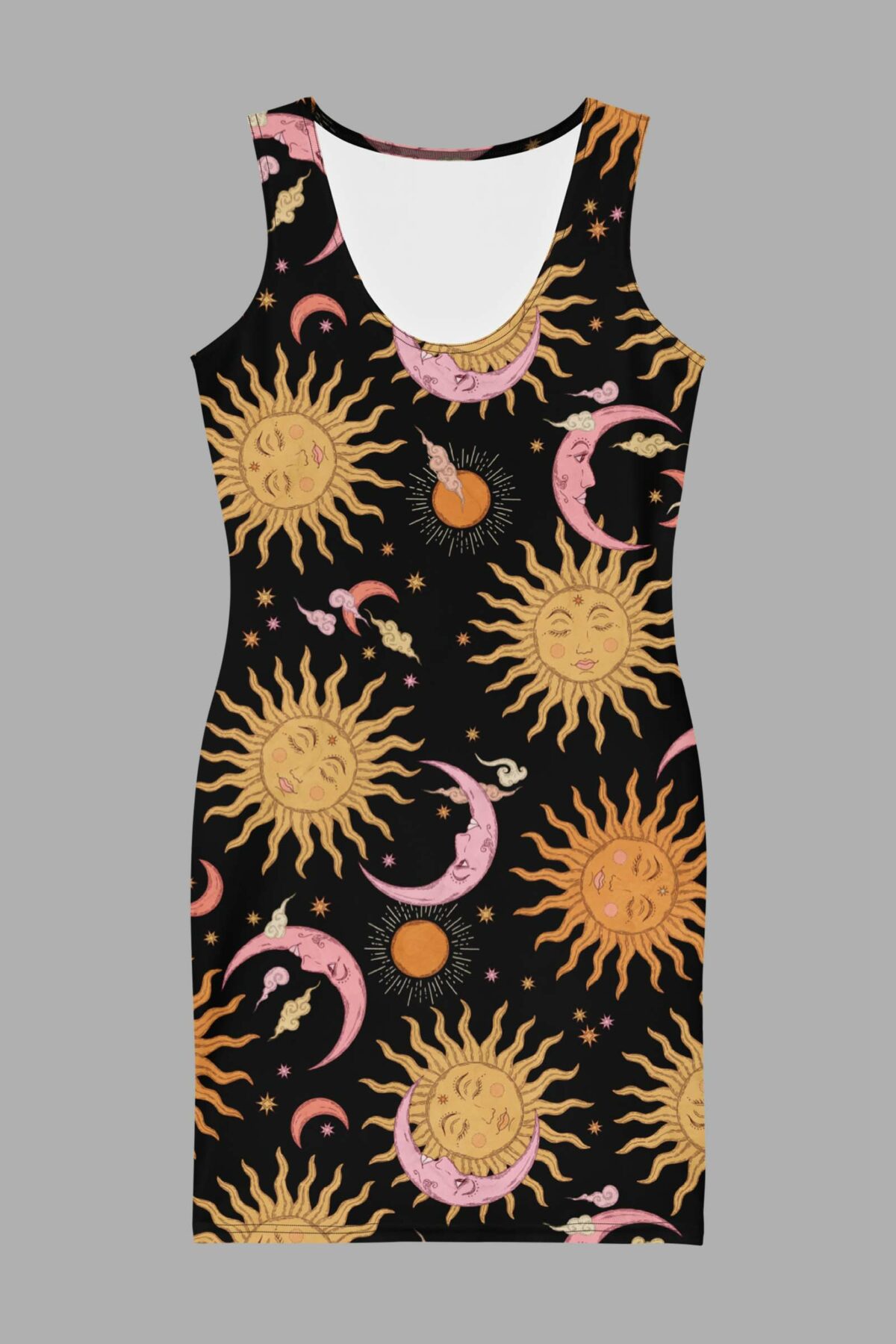 cosmic drifters celestial dreams print bodycon dress front 2