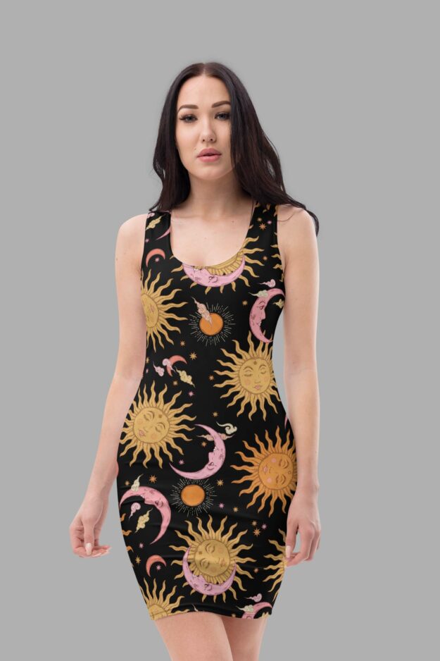 cosmic drifters celestial dreams print bodycon dress front