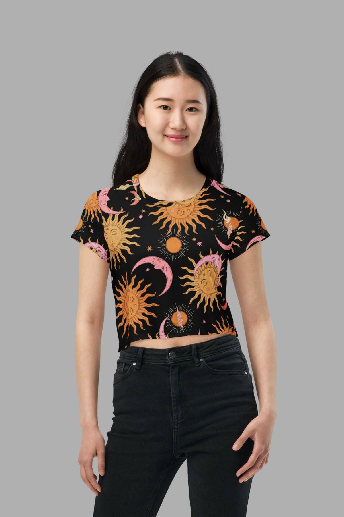 cosmic drifters celestial dreams print crop tee front