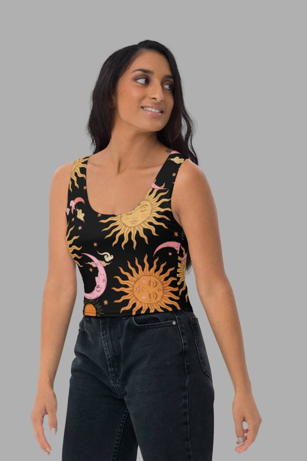 cosmic drifters celestial dreams print crop top front