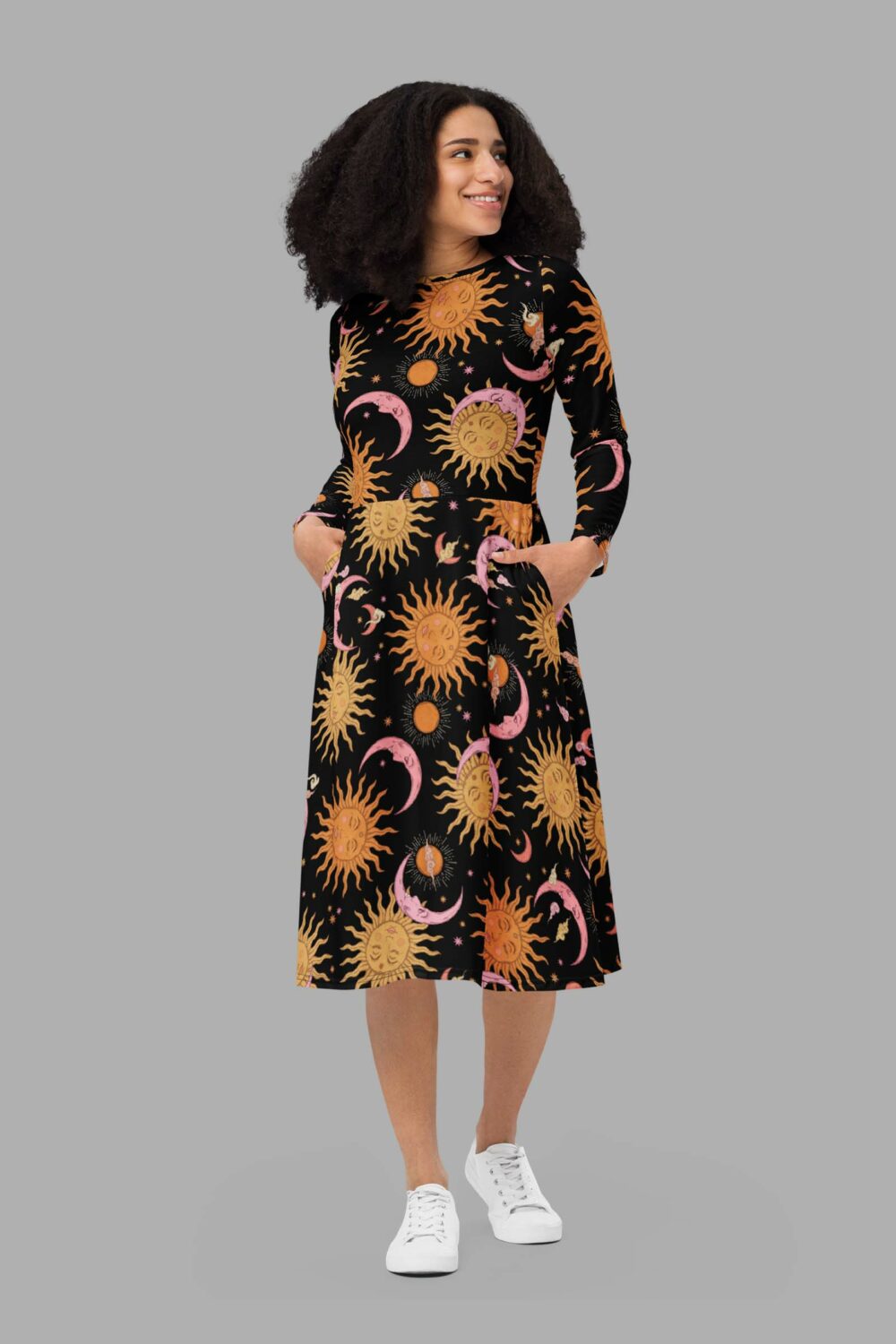 cosmic drifters celestial dreams print long sleeve midi dress 1