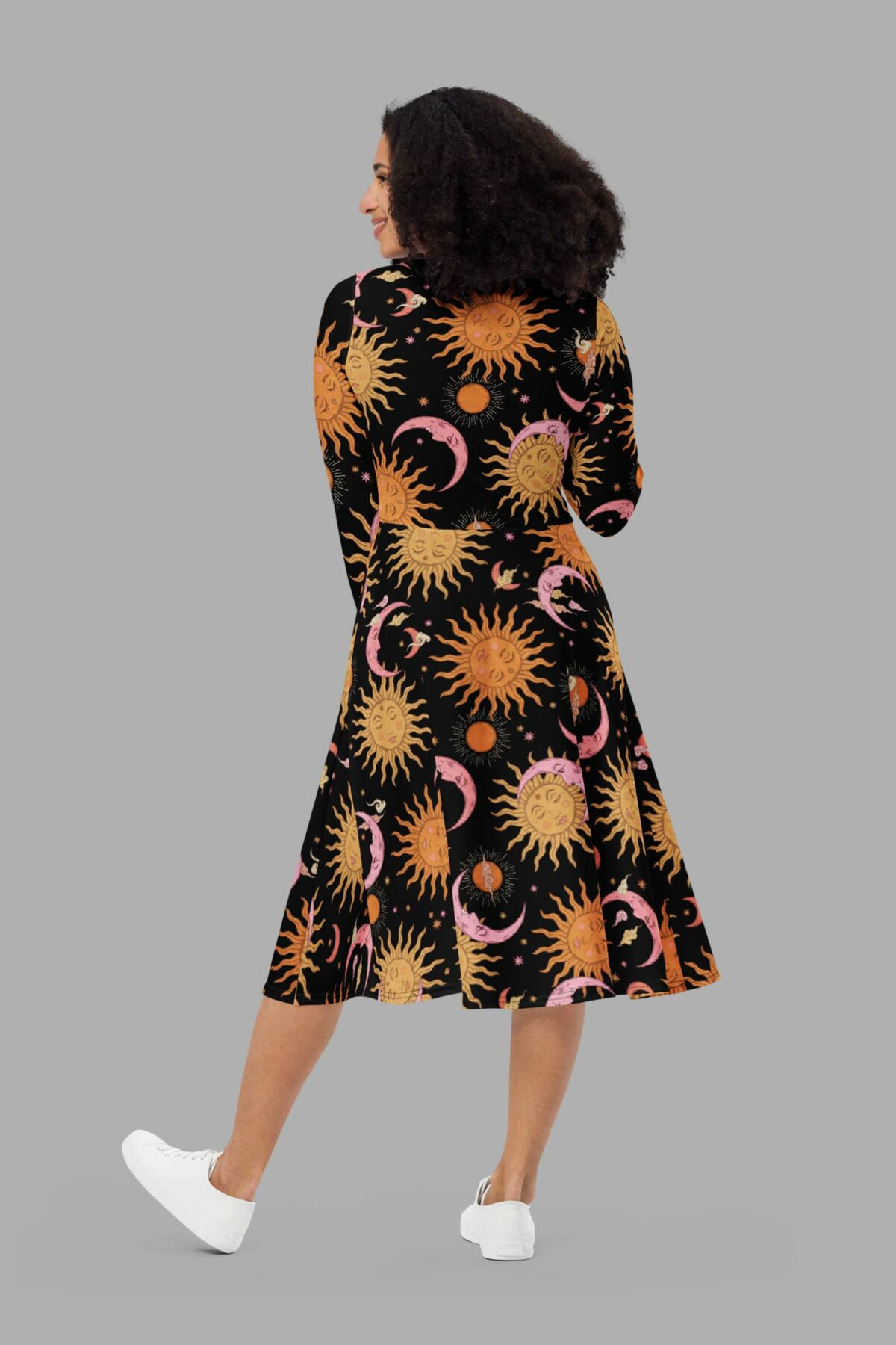 cosmic drifters celestial dreams print long sleeve midi dress back