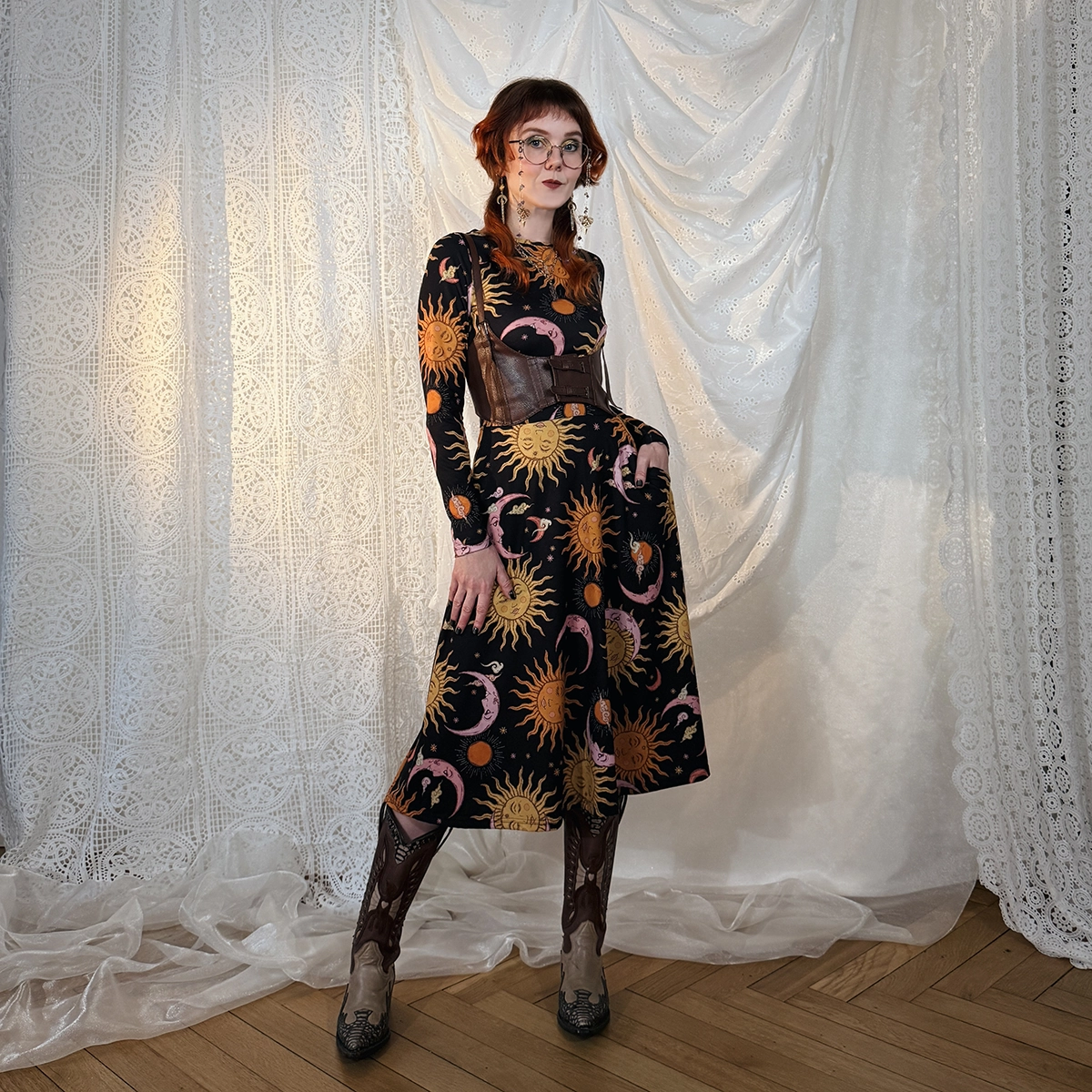 cosmic drifters celestial dreams print midi dress