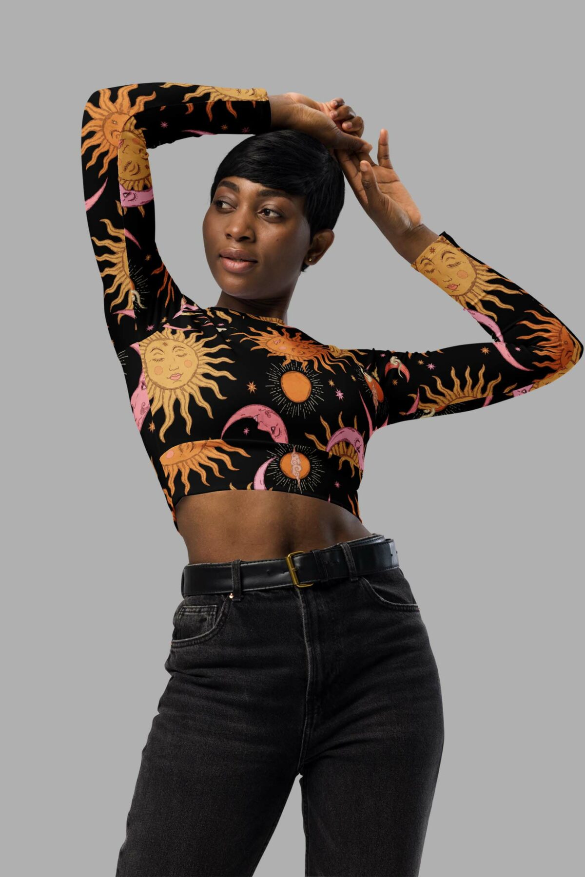 cosmic drifters celestial dreams print recycled long sleeve crop top close