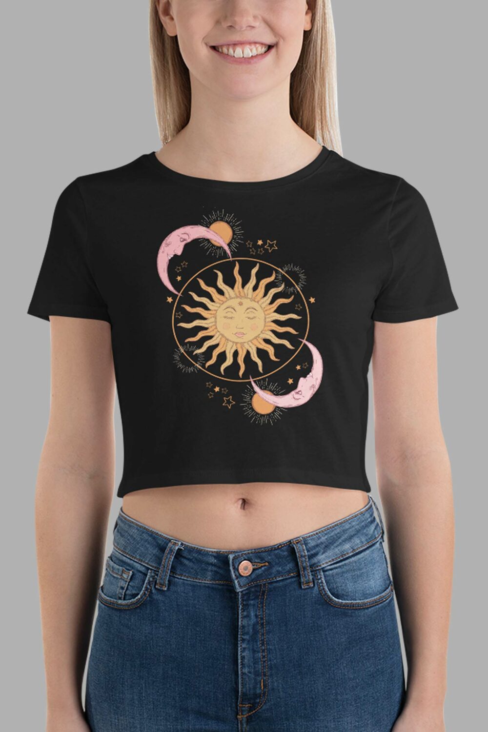 cosmic drifters celestial dreams print womens crop tee black front 2