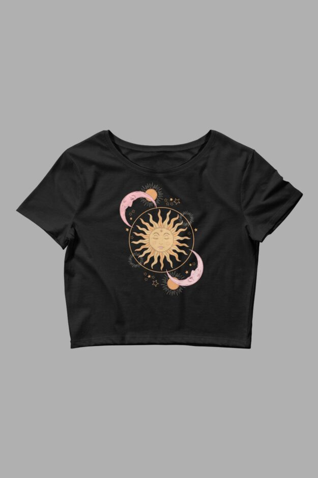 cosmic drifters celestial dreams print womens crop tee black front