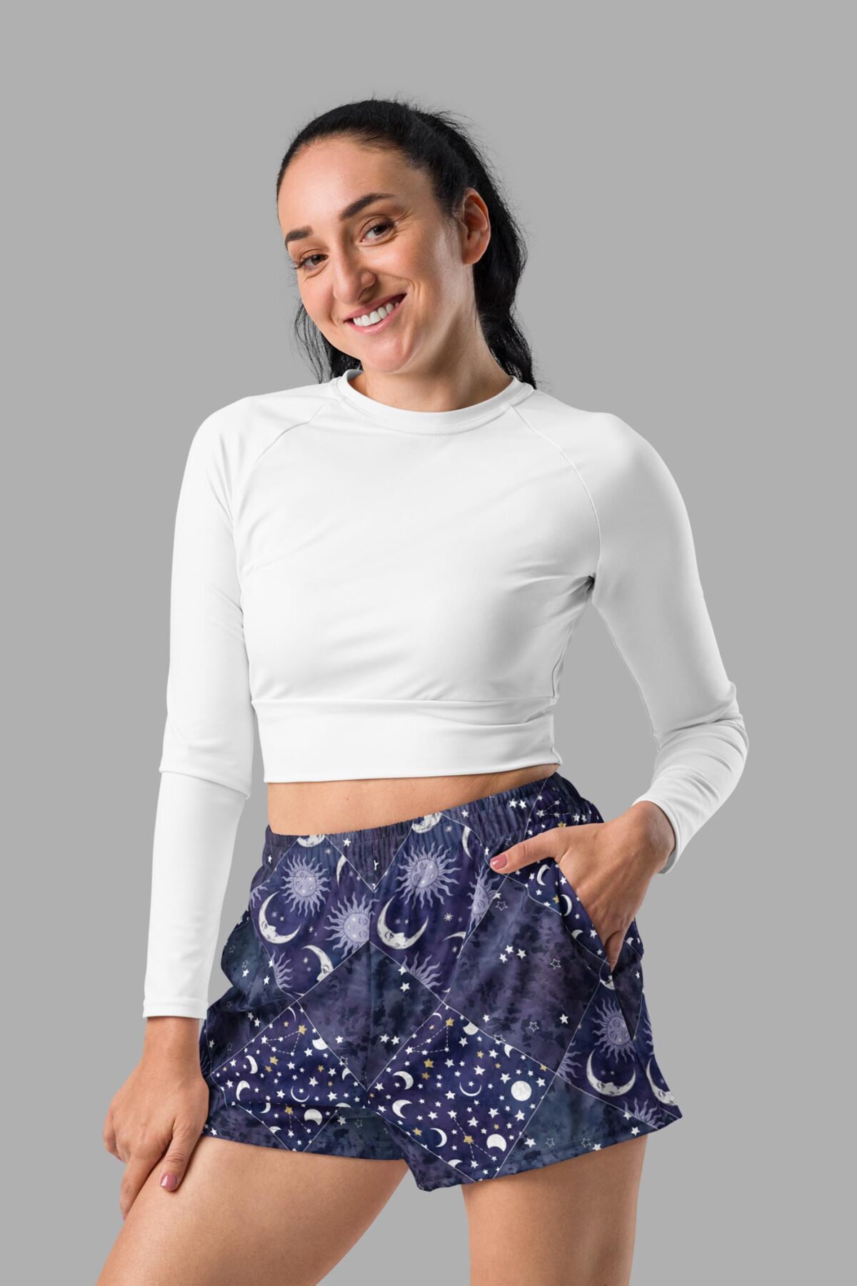 cosmic drifters celestial patchwork athletic shorts front