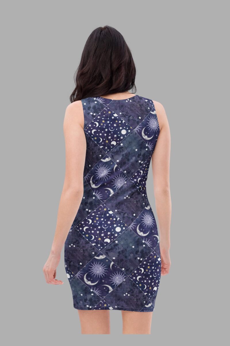 cosmic drifters celestial patchwork bodycon dress back