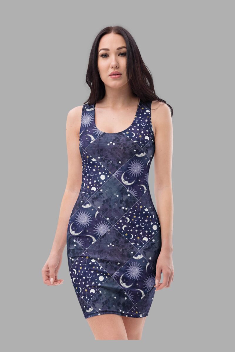 cosmic drifters celestial patchwork bodycon dress front