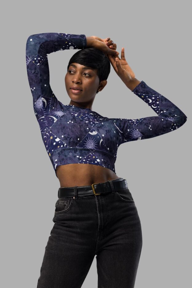 cosmic drifters celestial patchwork long sleeved crop top front