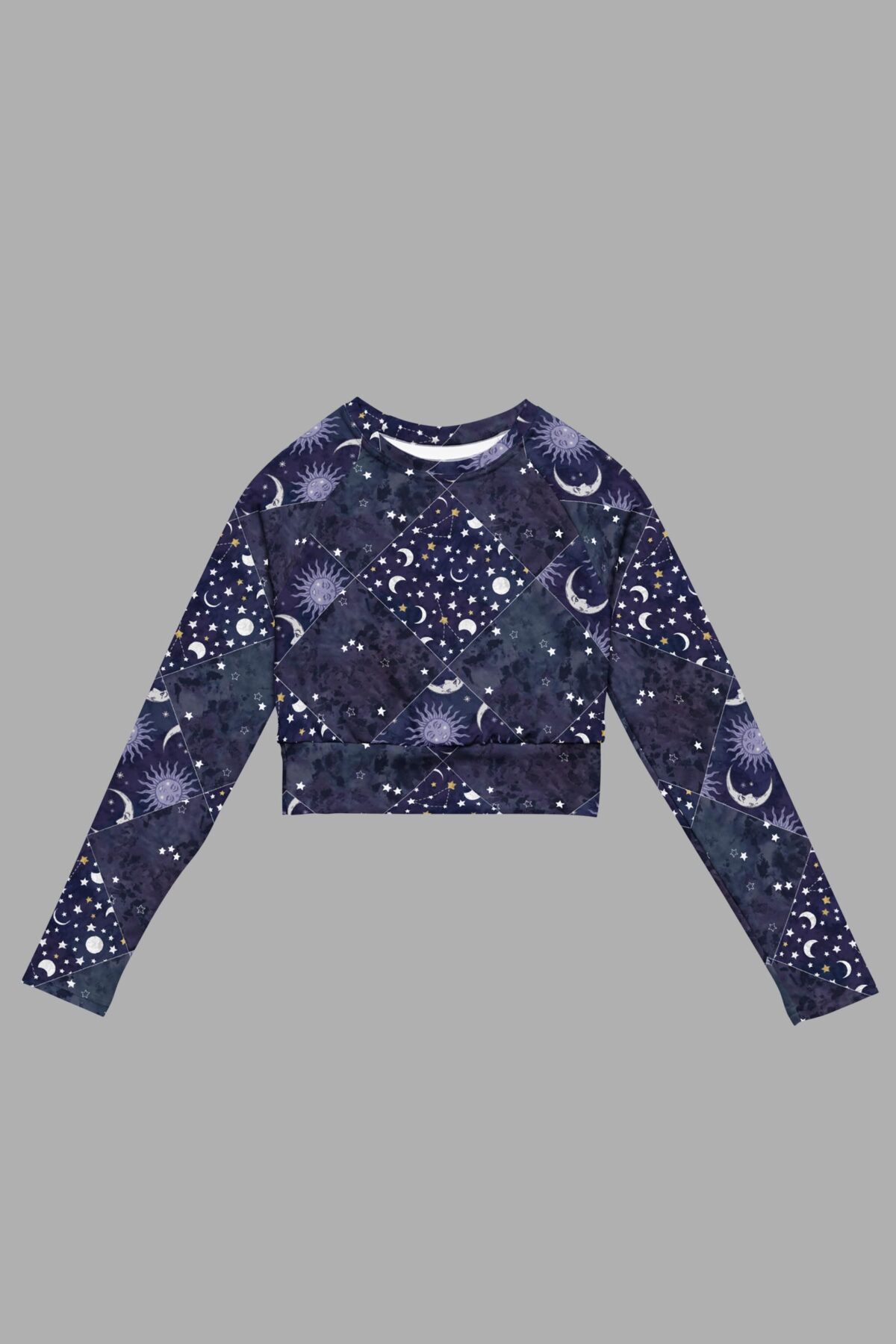 cosmic drifters celestial patchwork long sleeved crop top front2